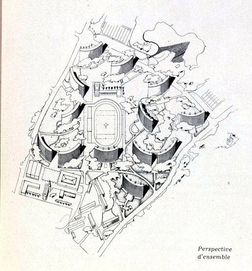 Villeneuve-Saint-Georges, cité dite cité Gabriel Péri, avenue Division Leclerc, Cité des Tours. Perspective d'ensemble du projet de Jeanneret, Blanchon, Hansen, Patissier, Nieport, Perriand. Tiré de : Villeneuve-Saint-Georges, cité Gabriel Péri. Présentation des différents projets. In Architecture française, n° 103-104, 1950.