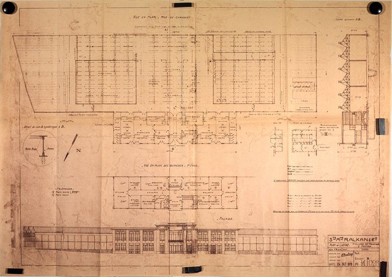 Valenton, usine Alkan, rue du 8 Mai 1945. Plan, coupe et élévation de l'ensemble des installations, daté 24 octobre 1929. (Archives de l'entreprise, Valenton)