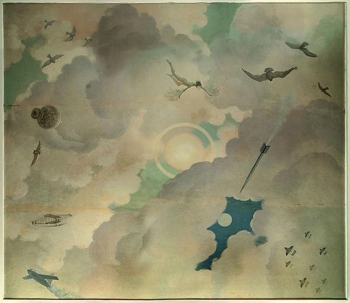 Vue d'ensemble du plafond peint sur toile marouflée représentant l'histoire de l'homme et du ciel.