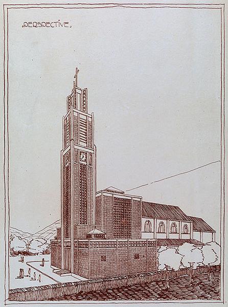 Projet d'agrandissement : vue en perspective de la version avec le clocher central, vers 1926.