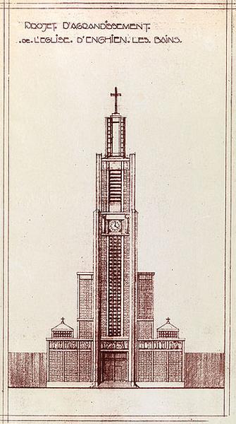 Projet d'agrandissement de l'église : élévation de la façade occidentale du projet avec clocher central, vers 1926.