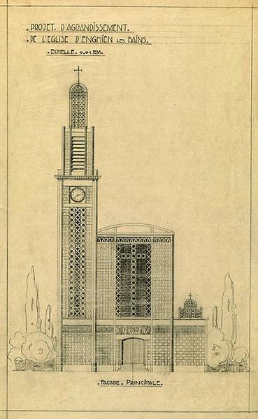 Projet d'agrandissement : façade occidentale de la version avec clocher latéral, vers 1926.