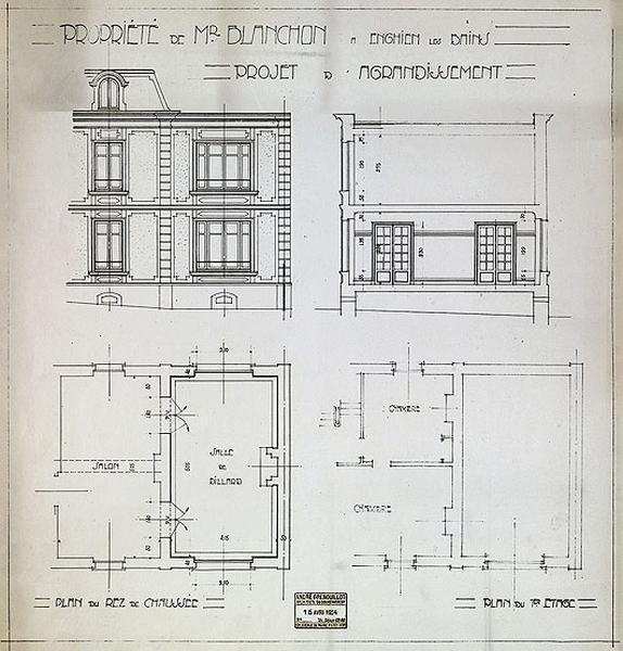 Projet d'agrandissement de la maison de l'industriel en 1924 : plans et élévation.