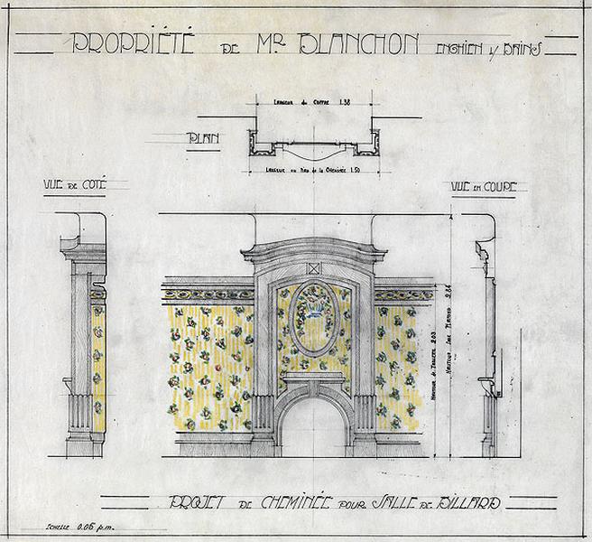 Projet d'agrandissement de la maison de l'industriel en 1924 : plan, coupe, élévation de la cheminée de la salle de billard.