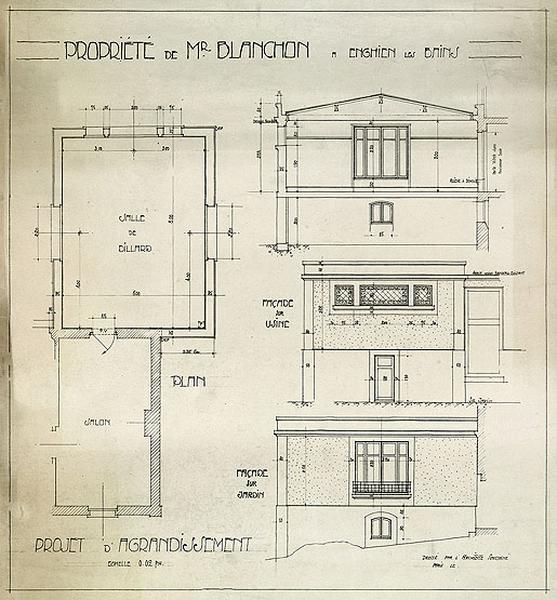 Projet d'agrandissement de la maison de l'industriel en 1924 : plan, élévations de la salle de billard et du salon.