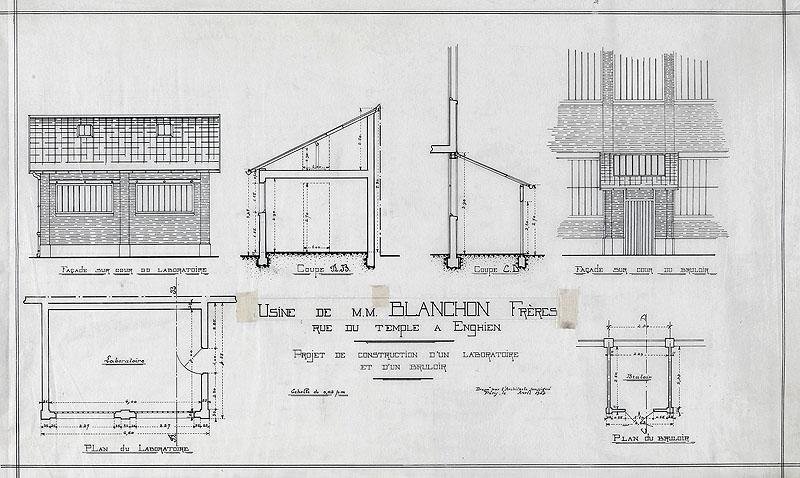 Projet d'agrandissement de l'usine en 1924 : plans, coupes, élévations d'un laboratoire et d'un brûloir.