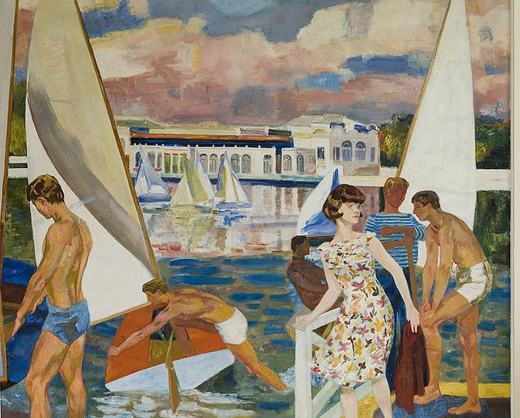 Détail de la peinture conservée dans le hall principal de la partie technique du lycée : personnages et voiliers devant le lac et le casino d'Enghien, 1955.