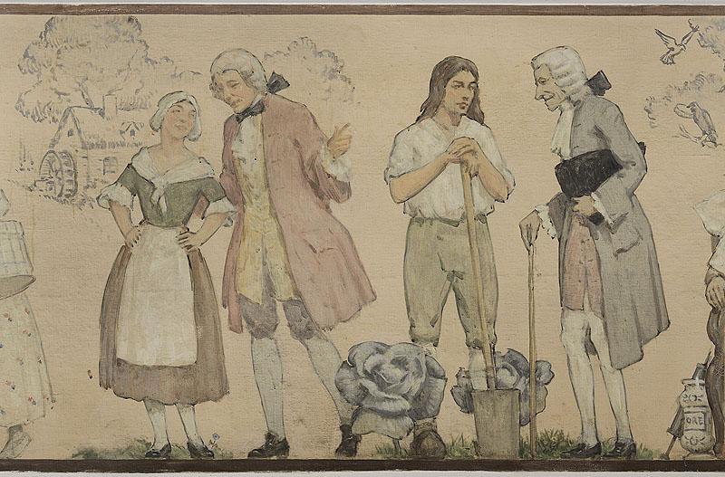 Détail de la frise : la littérature du siècle des Lumières (Voltaire et Rousseau).