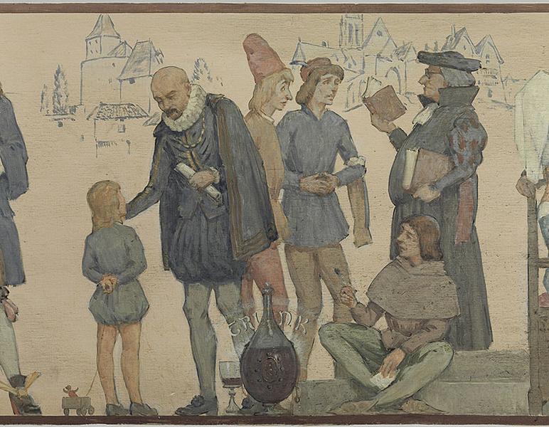 Détail de la frise : la littérature du XVIe siècle (Rabelais et Du Bellay).