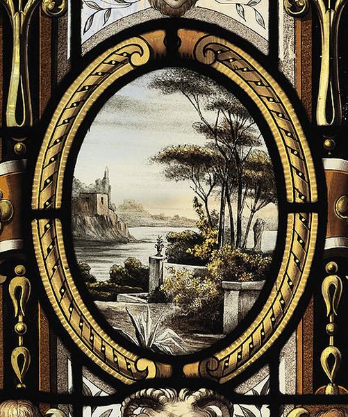 Détail du paysage au lac, dans l'un des médaillons. Au premier plan, figure un jardin avec ses terrasses dont les murs sont ornés d'un vase et d'une sculpture.