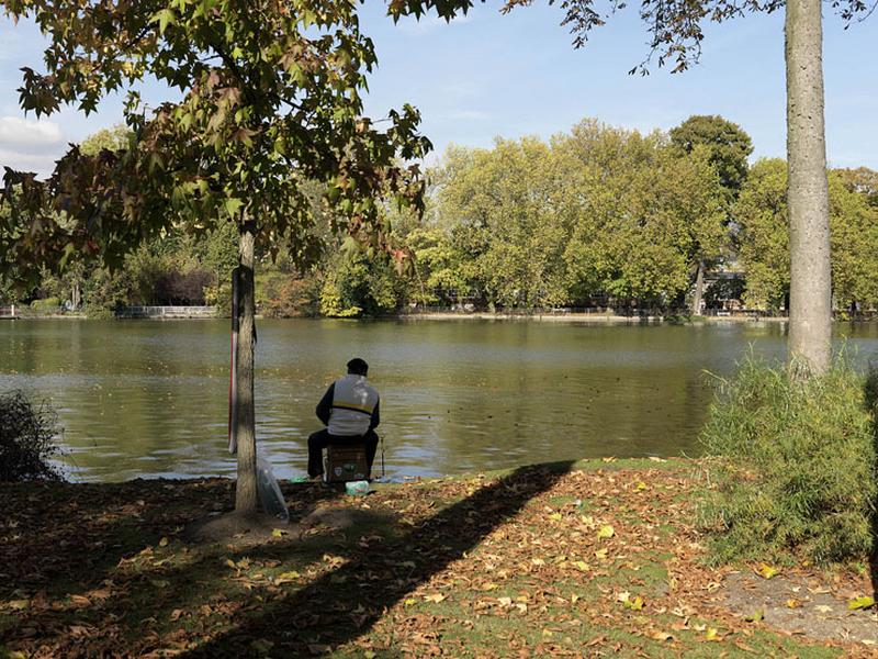 Vue du lac vers le lycée, depuis la promenade de la presqu'île aux fleurs.