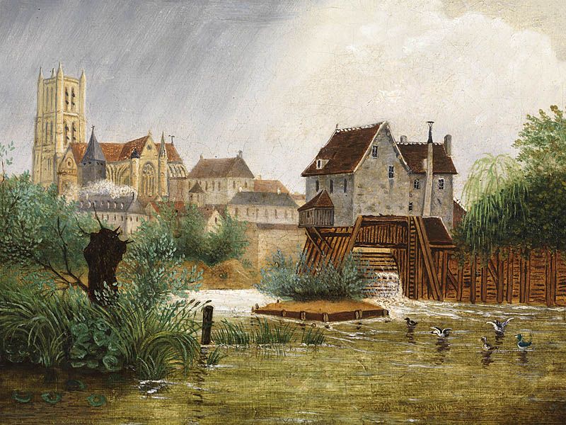 Le Moulin David", huile sur toile, signée "B. 1860" (Meaux, musée Bossuet). Oeuvre exécutée d'après la lithographie de Tirpenne. Photo prise sans le cadre (vue avec le cadre : voir cliché 20097701700NUC4A, dans le dossier "ville"). (Musée Bossuet, Meaux)