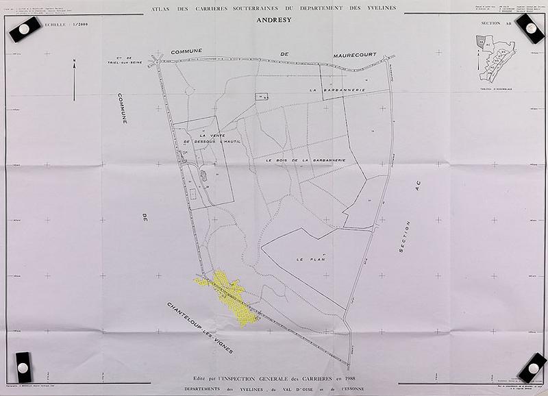atlas des carrières souterraines du département des Yvelines : Andrésy section Archives Départementales.En jaune, les carrières