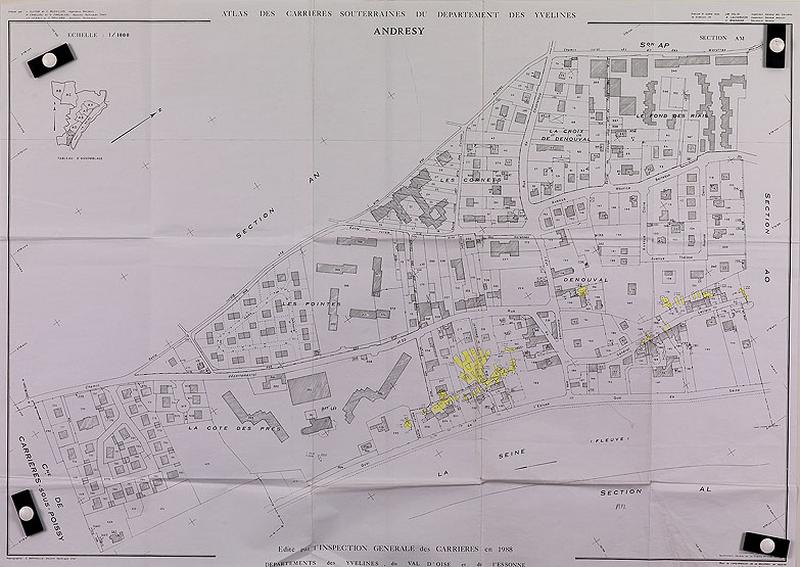 atlas des carrières souterraines du département des Yvelines : Andrésy section AM. En jaune, les carrières