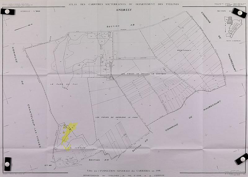 atlas des carrières souterraines du département des Yvelines : Andrésy section AC. En jaune, les carrières