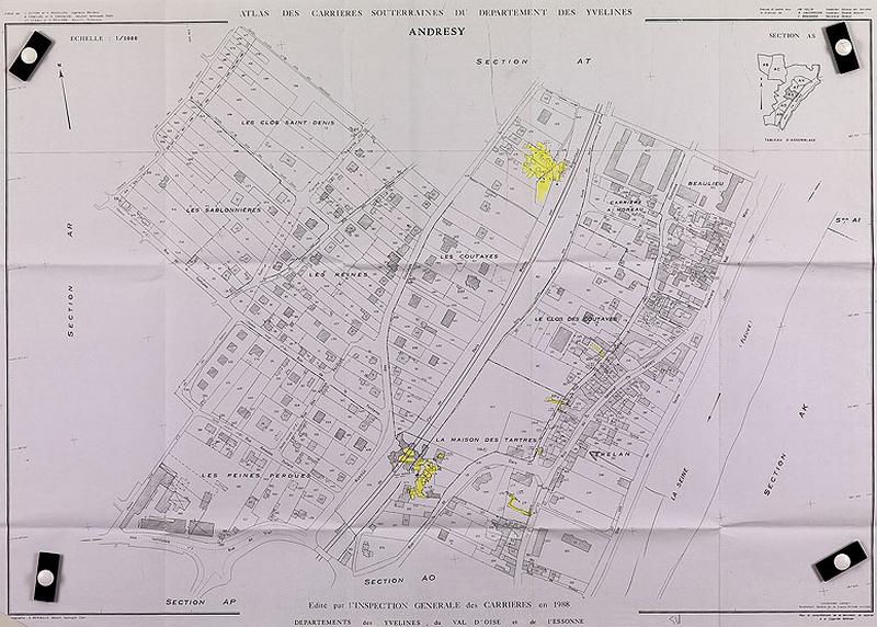 atlas des carrières souterraines du département des Yvelines : Andrésy section AS. En jaune, les carrières