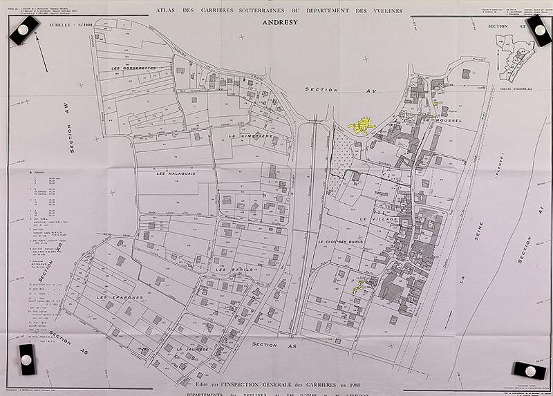 atlas des carrières souterraines du département des Yvelines : Andrésy section AT. En jaune, les carrières