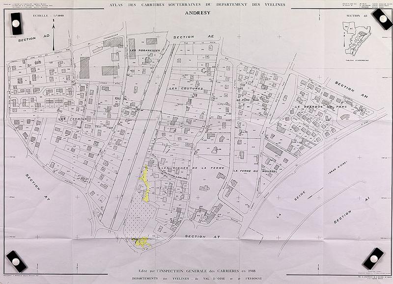 atlas des carrières souterraines du département des Yvelines : Andrésy section AV. En jaune, les carrières