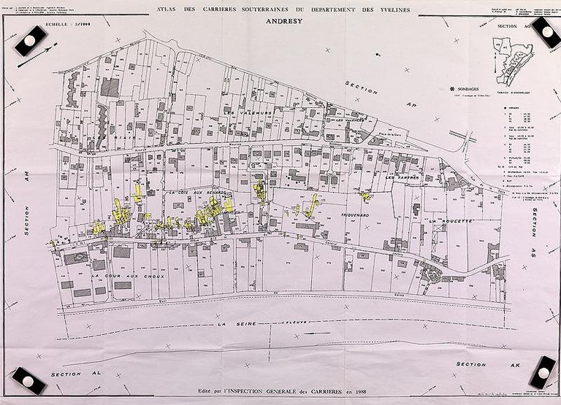 atlas des carrières souterraines du département des Yvelines : Andrésy section AO. En jaune, les carrières