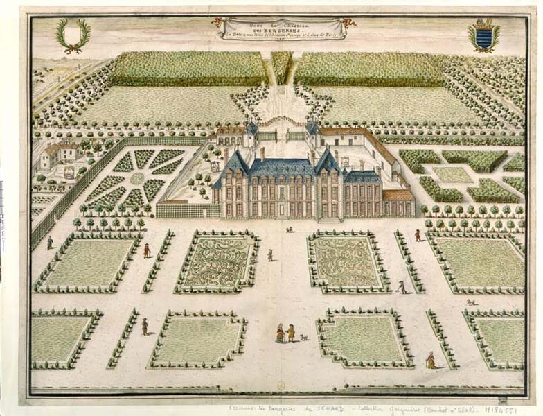 Vue du château des Bergeries en 1705, par Louis Boudan. Cet édifice en brique et pierre est formé d'un corps central de sept travées flanqué de deux pavillons d'angle en saillie. Son parc comporte une allée en zigzags inspirée de celle de Meudon.