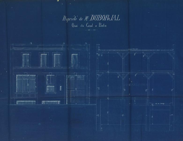 Elévation et coupe verticale des deux premiers niveaux de l'entrepôt industriel Duborjal.