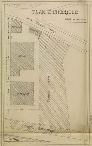Plan d'ensemble de l'huilerie des frères Stern extrait du calque des élévations sur rue et sur cour des bureaux et communs - 29 mai 1897 - Echelle 1/500.