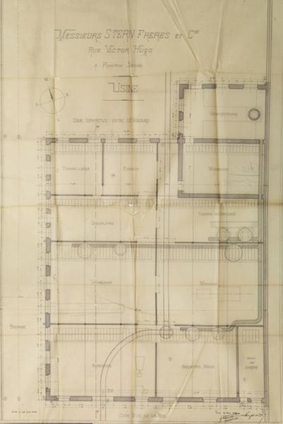 Plan de l'usine de l'huilerie des frères Stern sur lequel on distingue les générateurs et la cheminée d'usine - 29 mai 1897 - Echelle 1/50.