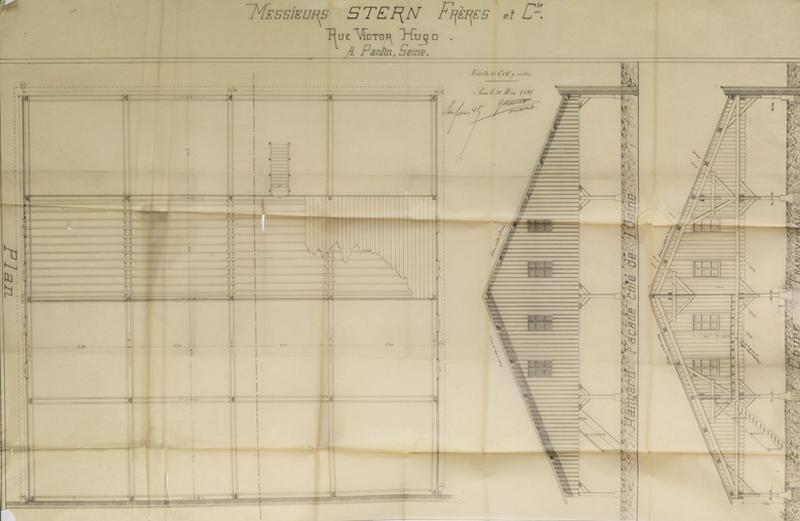 Plan, coupe et élévation du hangar en bois de l'huilerie des frères Stern - 31 mai 1897 - Echelle 1/50.