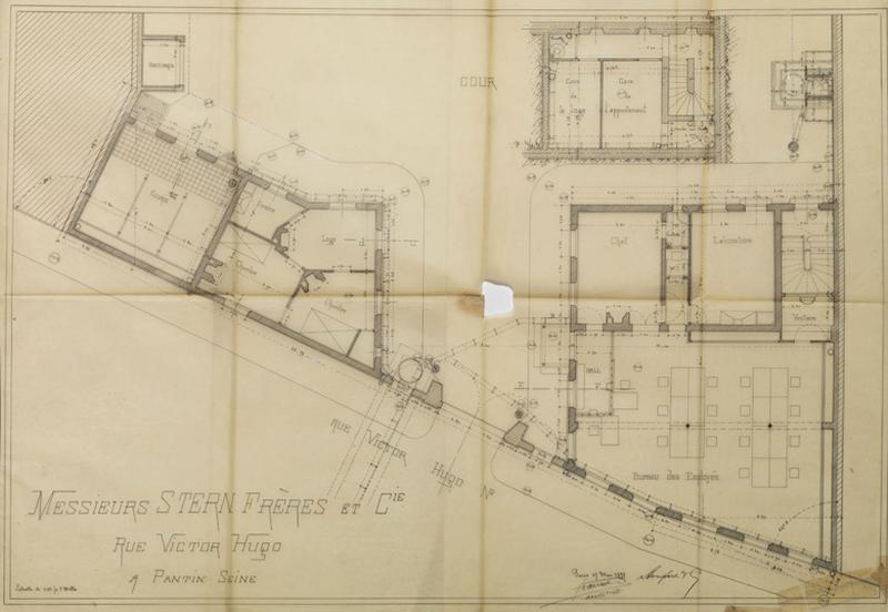 Plan du rez-de-chaussée des bureaux et communs de l'huilerie des frères Stern - 27 mai 1897 - Echelle 1/50.