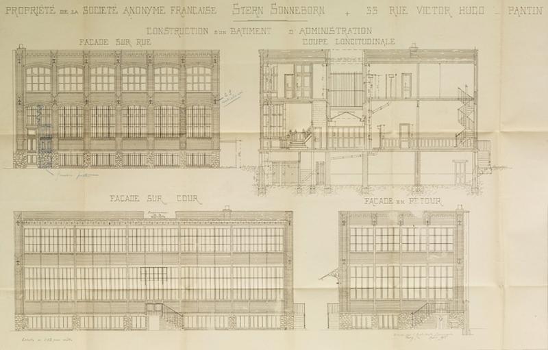 Façades et coupe longitudinale du bâtiment administratif dessiné par Gustave Boistel - mars 1912 - Echelle 1/50.