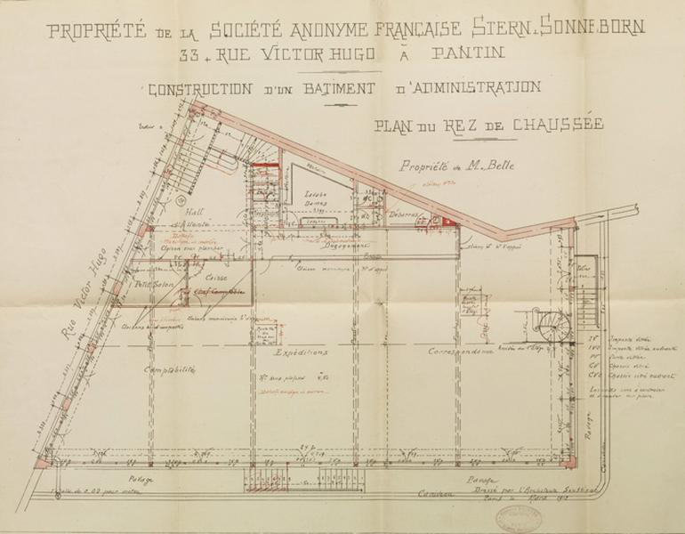 Plan du rez-de-chaussée du bâtiment administratif dessiné par Gustave Boistel - mars 1912 - Echelle 1/50.
