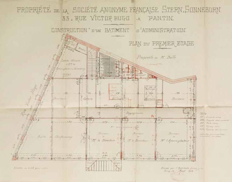 Plan du 1er étage du bâtiment administratif dessiné par Gustave Boistel - mars 1912 - Echelle 1/50.