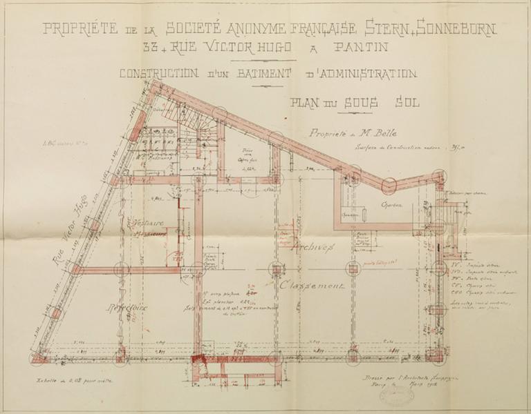 Plan du sous-sol du bâtiment administratif dessiné par Gustave Boistel - mars 1912 - Echelle 1/50.