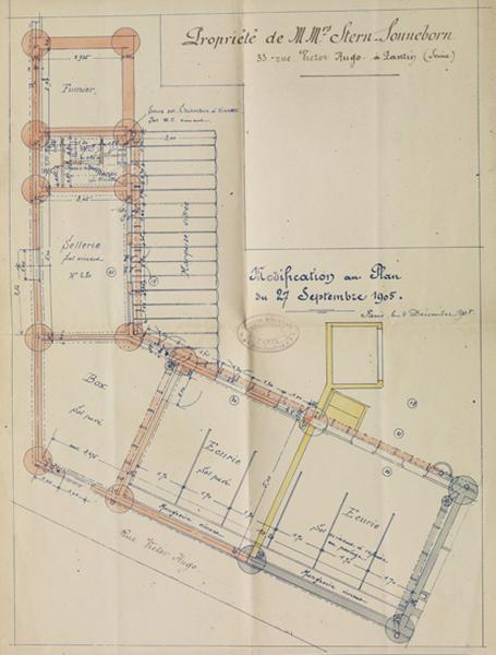 Plan des modifications apportées au bâtiment des communs dressé par Gustave Boistel - 4 décembre 1905.