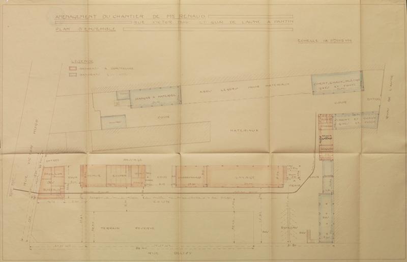 Plan de la parcelle de M. Renaud, entre la rue Victor Hugo et le quai de l'Aisne, sur laquelle furent construits les ateliers et appentis situés derrière l'entrepôt industriel Duborjal - 1930 - Echelle 1/200.