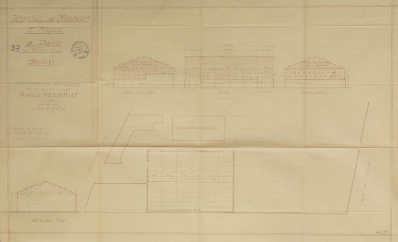 Plan, coupes et élévations des ateliers construits par les Etablissements Marcel Renaudat - 8 mars 1933 - Echelle 1/200.
