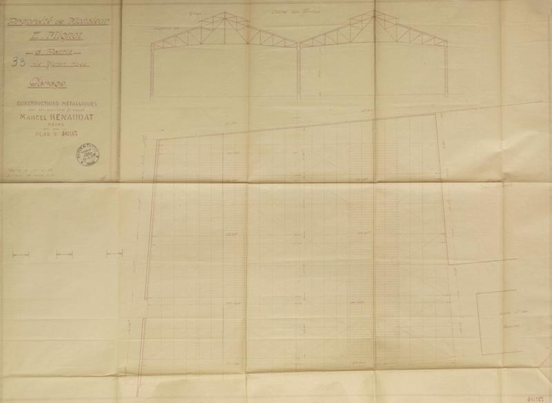 Plan et coupes des garages construits par les Etablissements Marcel Renaudat - 15 avril 1933 - Echelle 1/100.