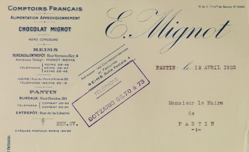 Papier à en-tête des Comptoirs Français Edouard Mignot - courrier daté du 12 avril 1933 - Echelle 1/100.