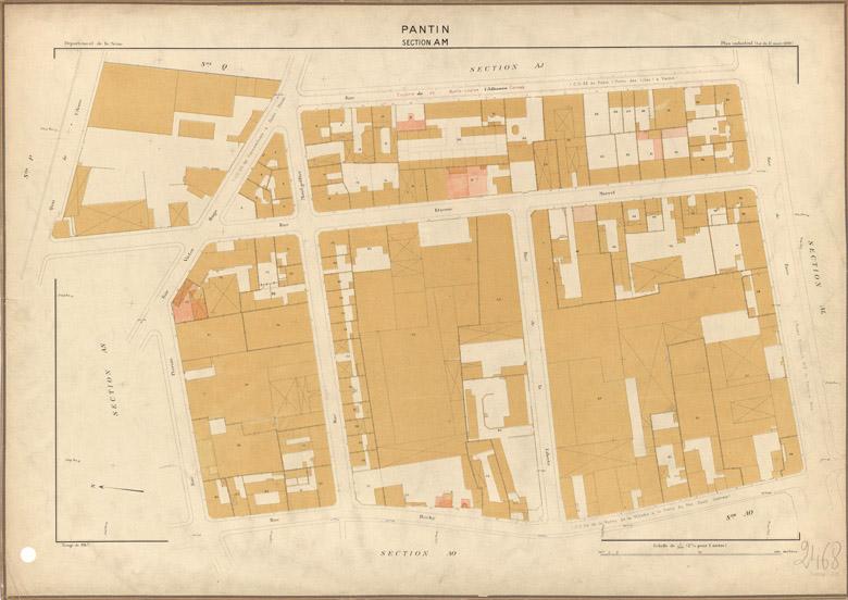 Planche du cadastre rénové de la section AM de la commune de Pantin - Année 1943. La parcelle des Comptoirs Français Edouard Mignot est située en haut à gauche du document. Echelle 1/500.
