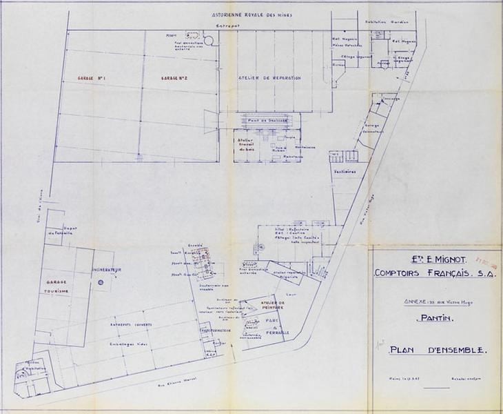 Plan d'ensemble des entrepôts Edouard Mignot Comptoirs Français S.A. - 17 septembre 1965 - Echelle 1/200.