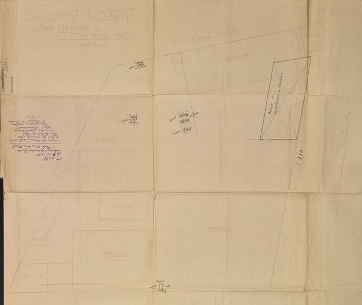 Plan d'ensemble des Etablissements Edouard Mignot sur lequel on distingue l'emplacement de l'atelier de distillation de goudron et les réservoirs à fuel, essence et gasoil - 26 février 1941 - Echelle 1/200.