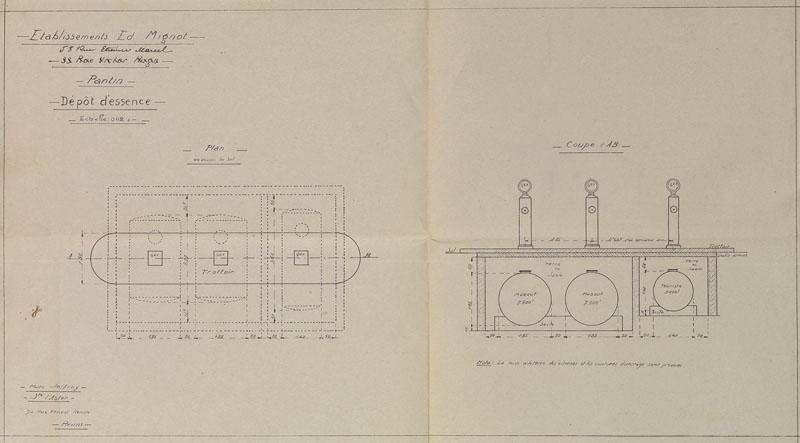 Plan et élévation des réservoirs du dépôt d'essence des Comptoirs Français Edouard Mignot établi par Marc Joffroy de la Société L'Aster - s.d. - Echelle 1/50.