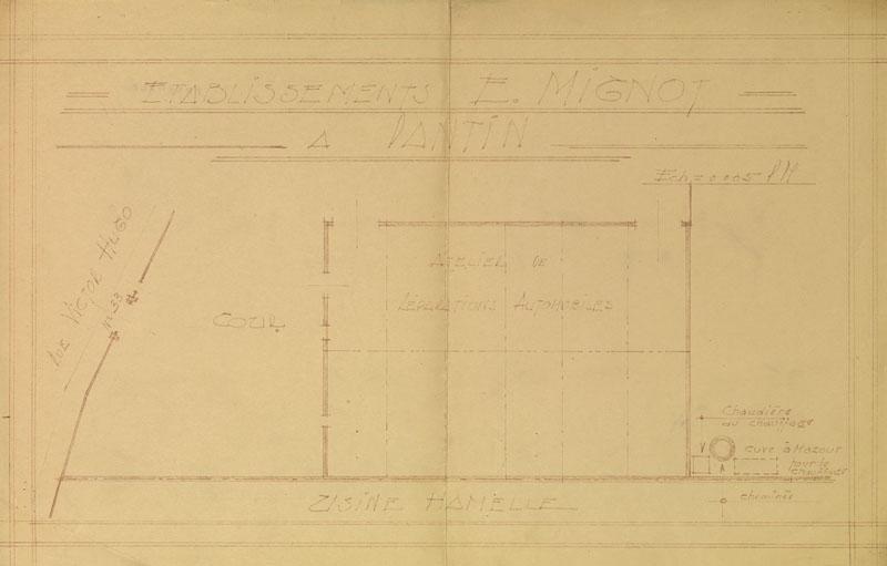 Plan de l'atelier de réparations automobiles des Etablissements Edouard Mignot sur lequel on distingue l'emplacement de la chaudière du chauffage Ideal Standard et de la cheminée de l'huilerie des Etablissements Stern - s.d. - Echelle 1/200.