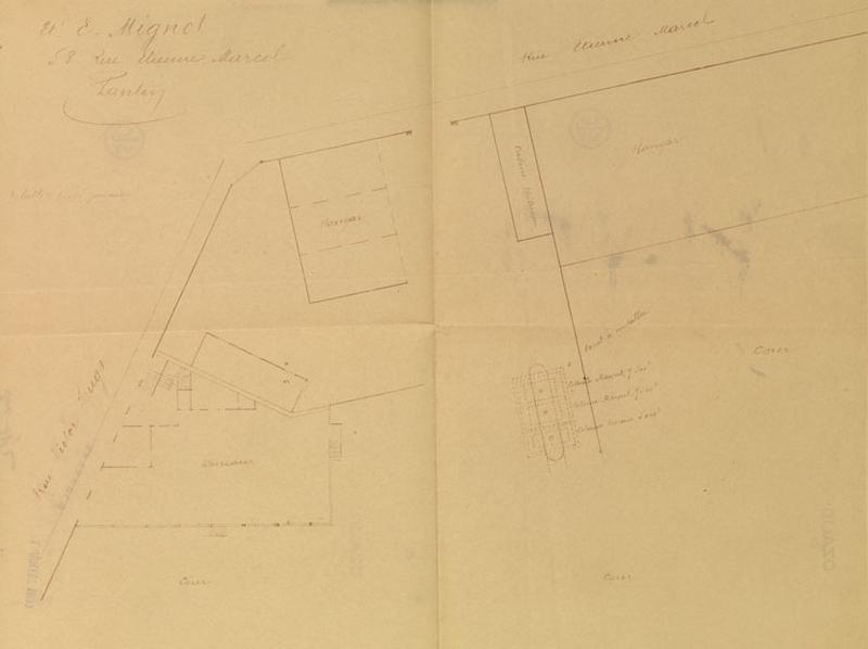 Plan d'ensemble des Etablissements Edouard Mignot sur lequel on distingue l'emplacement du dépôt d'essence situé côté 58 rue Etienne Marcel - s.d.