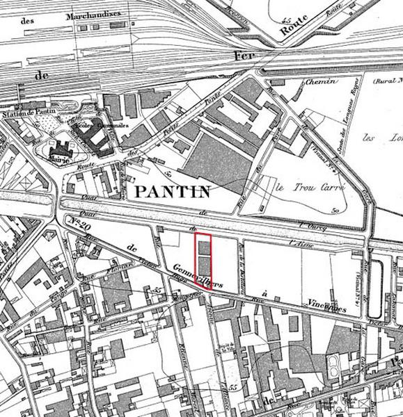 Dessin numérique effectué à partir d'un extrait d'une planche de l'Atlas de la Seine datant de l'année 1900 (AM, Pantin), sur lequel ont été dessinées les limites de la parcelle de l'huilerie des Etablissements Stern. Ce document permet de souligner l'importance des agrandissements réalisés par les Etablissements Stern-Sonneborn puis par les Comptoirs Français Edouard Mignot sur le site industriel. On distingue également l'immeuble d'habitation à l'angle de la rue Etienne Marcel et du quai de l'Aisne qui permit de loger une partie du personnel des Comptoirs Français. Echelle 1/5000.