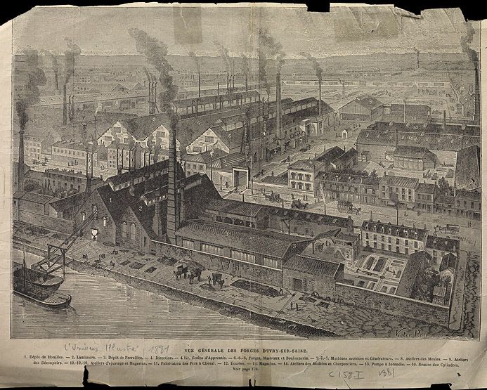 Ivry-sur-Seine, usine métallurgique dite Forges Coutant, boulevard Paul-Vaillant-Couturier. Vue générale des forges d'Ivry-sur-Seine. Il s'agit de la même gravure que celle reproduite dans : J. Turgan, Les grandes usines en France et à l'étranger, t. XIV, 1882. Tiré de : L'univers illustré, 1881. ( Musée de la batellerie, Conflans-Sainte-Honorine. Fonds Carivenc, C158-1)