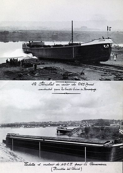 Villeneuve-le-Roi, usine de construction navale dite Chantiers de la Haute Seine. Deux bateaux construits par le chantier. Tiré de : Morillon-Corvol, une entreprise née de la Seine / I. Backouche. Paris : Textuel, 2003, p. 50-79.