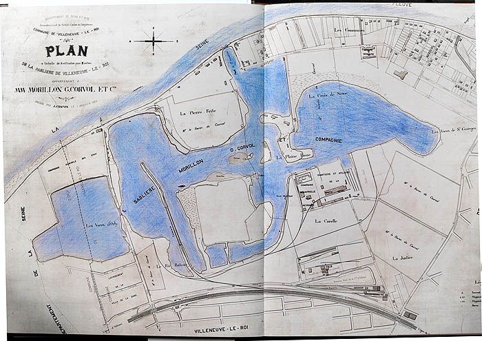 Villeneuve-le-Roi, ensemble d'industrie extractive dite société Morillon-Corvol. Plan de la sablière en 1933. Tiré de : Morillon-Corvol, une entreprise née de la Seine / I. Backouche. Paris : Textuel, 2003, p. 50-79.