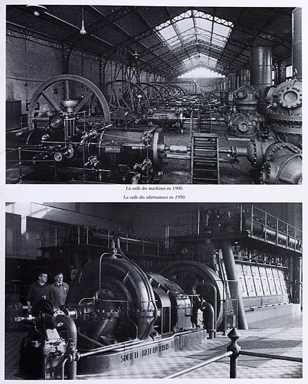 Ivry-sur-Seine, établissement élévateur des eaux dite compagnie des bassins filtrants de la ville de Paris. La salle des machines en 1900 et la salle des alternateurs en 1950. Tiré de :  L'eau de Paris / M. Gaillard, C. Abron. Edit. Martelle, 1995, p.142 - 151.