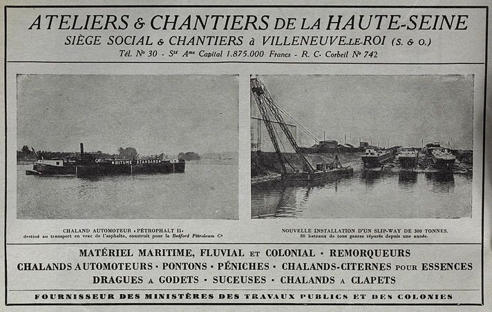 Villeneuve-le-Roi, usine de construction navale dite Chantiers de la Haute Seine. Publicité pour les ateliers et chantiers de la Haute-Seine. ( Musée de la batellerie, Conflans-Sainte-Honorine. Fonds Carivenc)